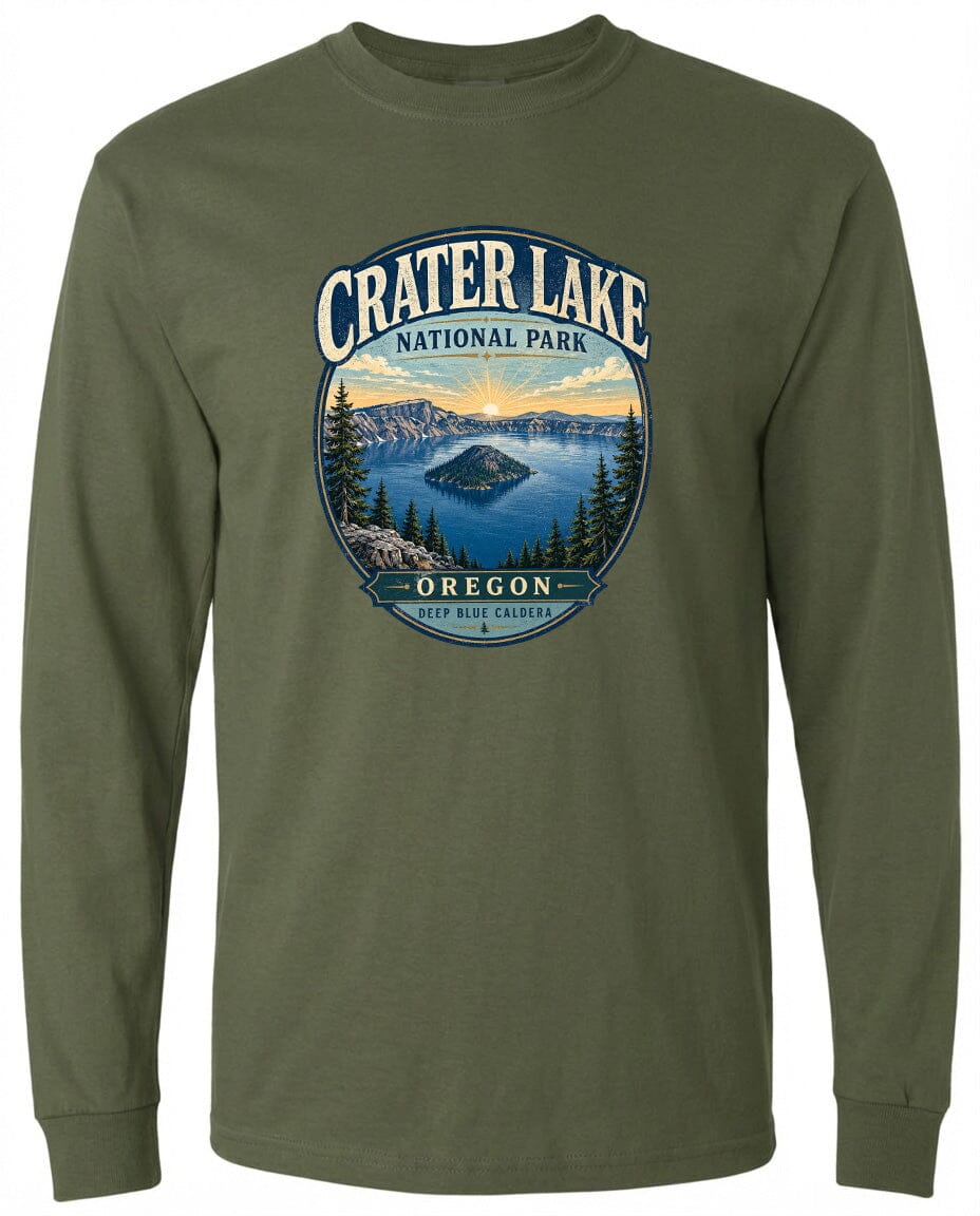 A green long-sleeved t-shirt with a graphic design depicting Crater Lake National Park in Oregon.