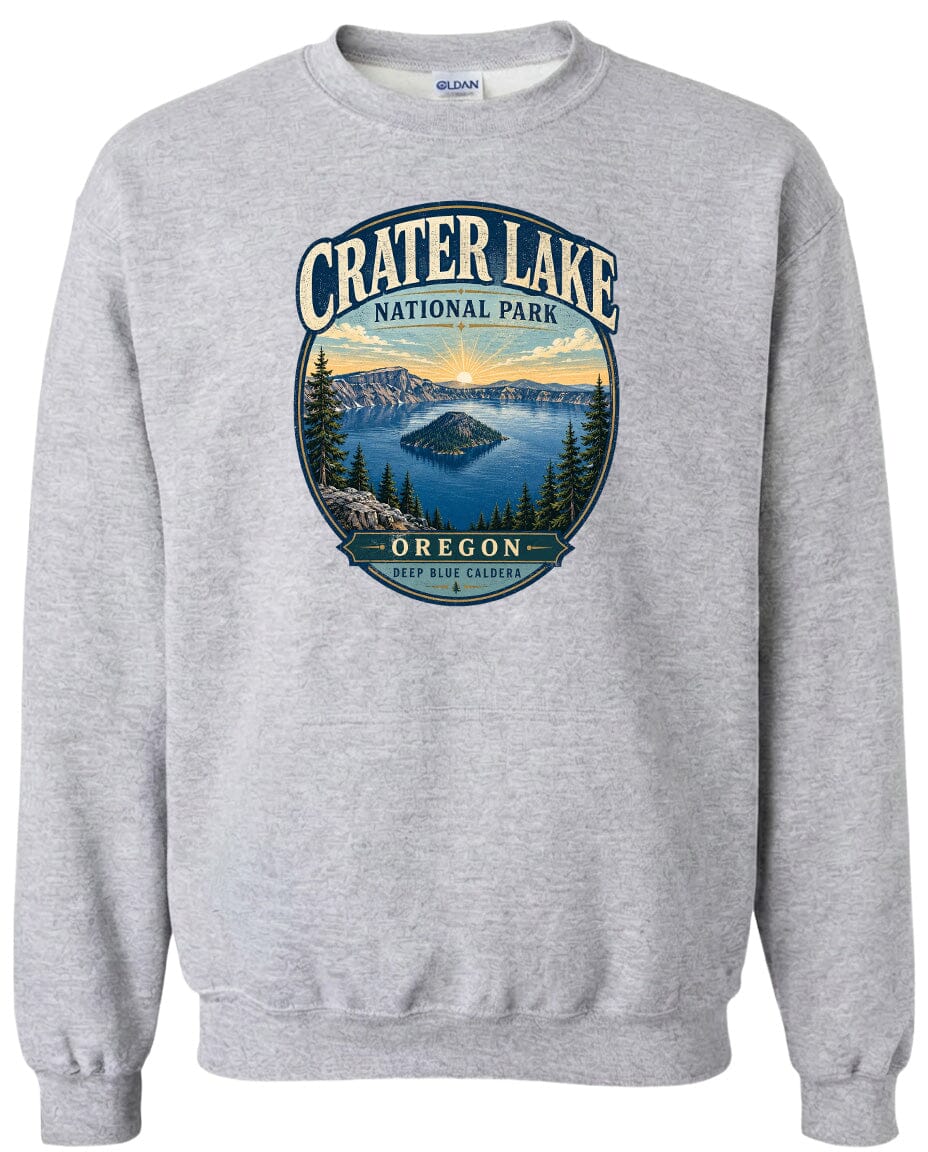 A gray sweatshirt with a graphic design depicting Crater Lake National Park in Oregon.