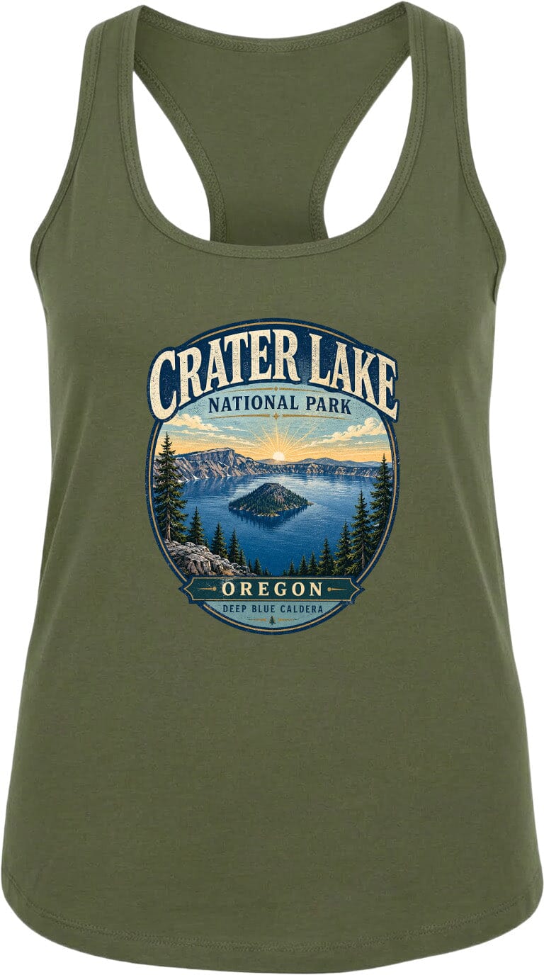 A green tank top with a graphic design depicting Crater Lake National Park in Oregon.