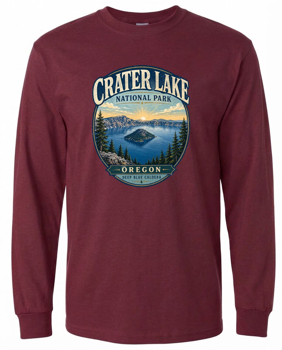 A long-sleeved burgundy t-shirt with a graphic design depicting Crater Lake National Park in Oregon.