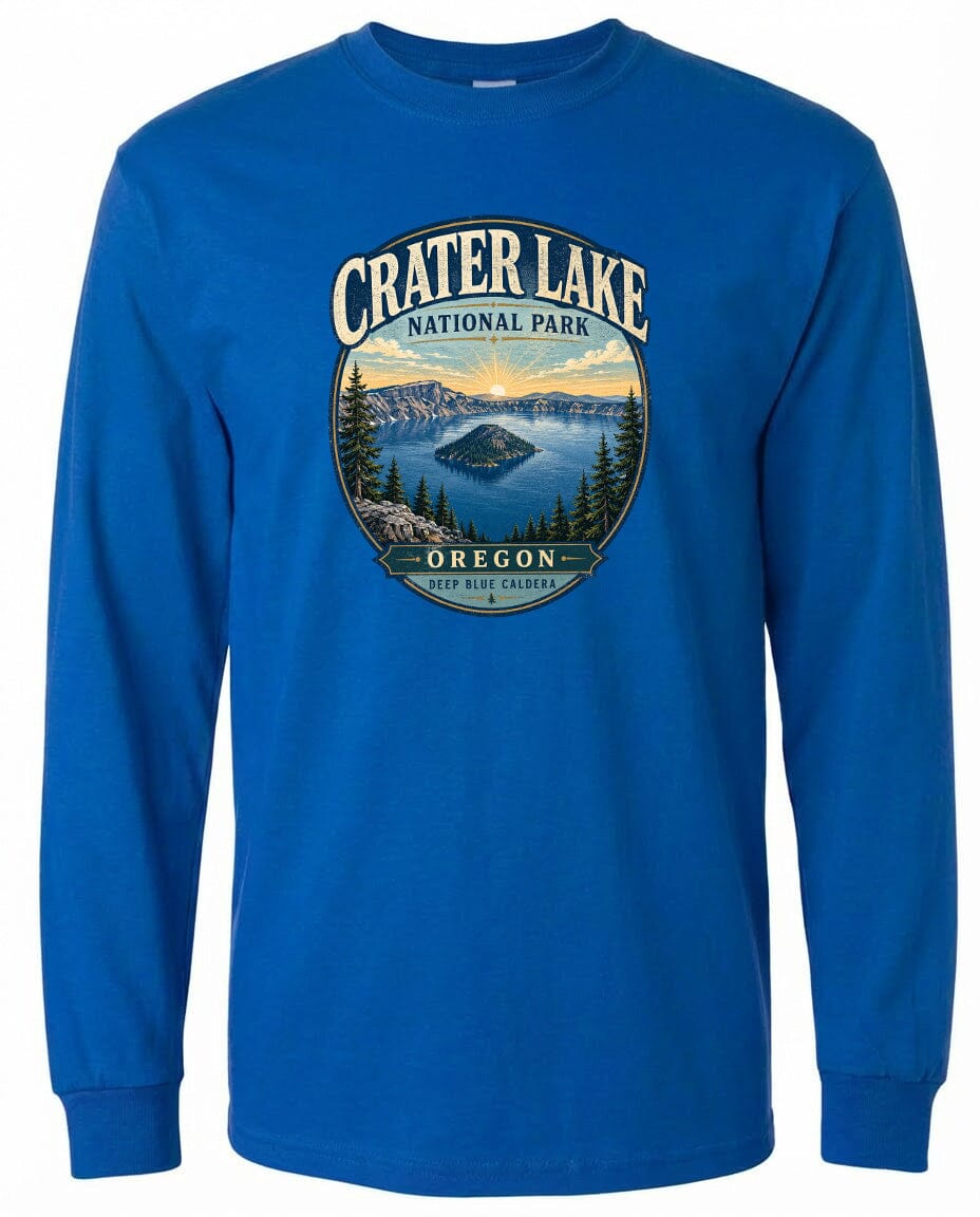 A blue long-sleeved t-shirt with a graphic design depicting Crater Lake National Park in Oregon.