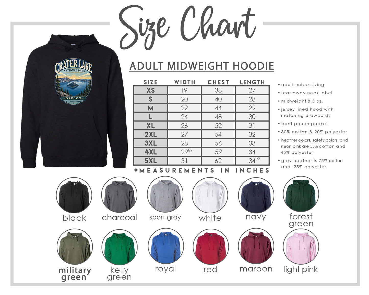 The image is a size chart for an adult midweight hoodie, including various color options and corresponding measurements in inches.