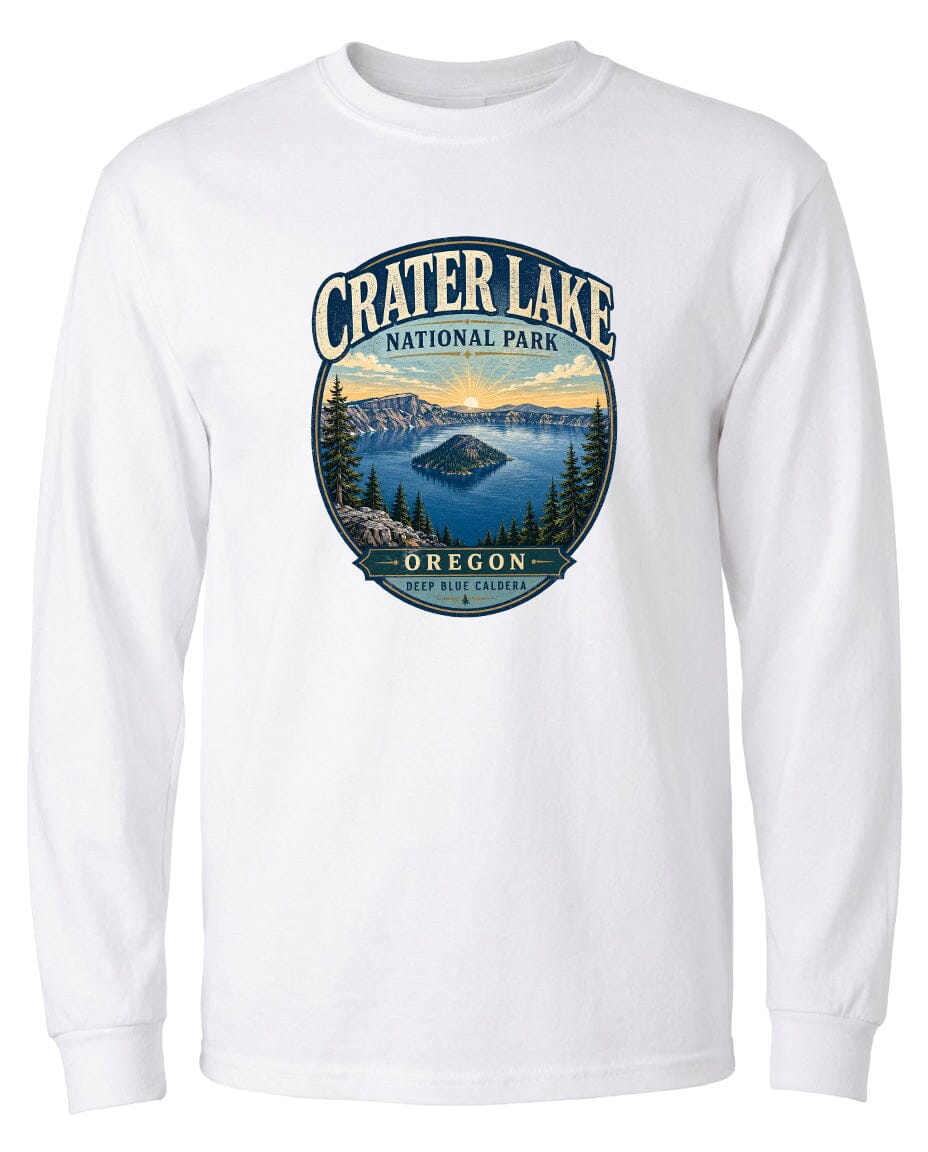 A white long-sleeved t-shirt with a graphic design depicting Crater Lake National Park in Oregon.