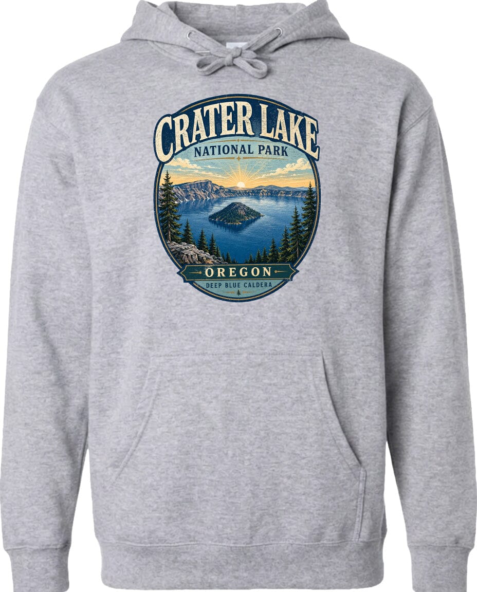 A gray hoodie with a graphic design depicting Crater Lake National Park in Oregon.