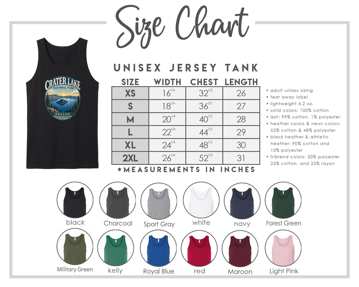 The image is a size chart for a unisex jersey tank, providing measurements and corresponding tank sizes for different chest lengths.