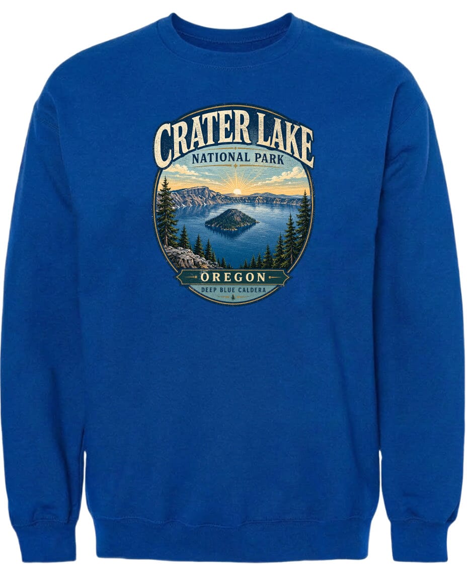 A blue sweatshirt with a graphic design depicting Crater Lake National Park in Oregon.