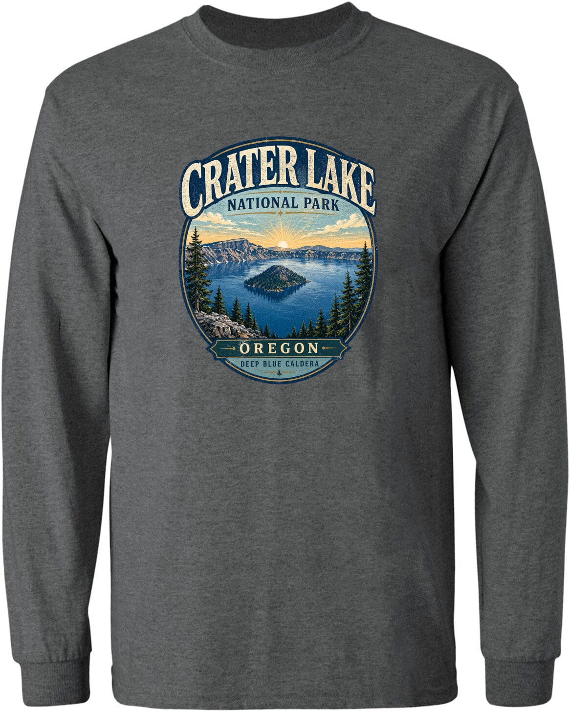 A gray long-sleeved t-shirt with a graphic design depicting Crater Lake National Park in Oregon.