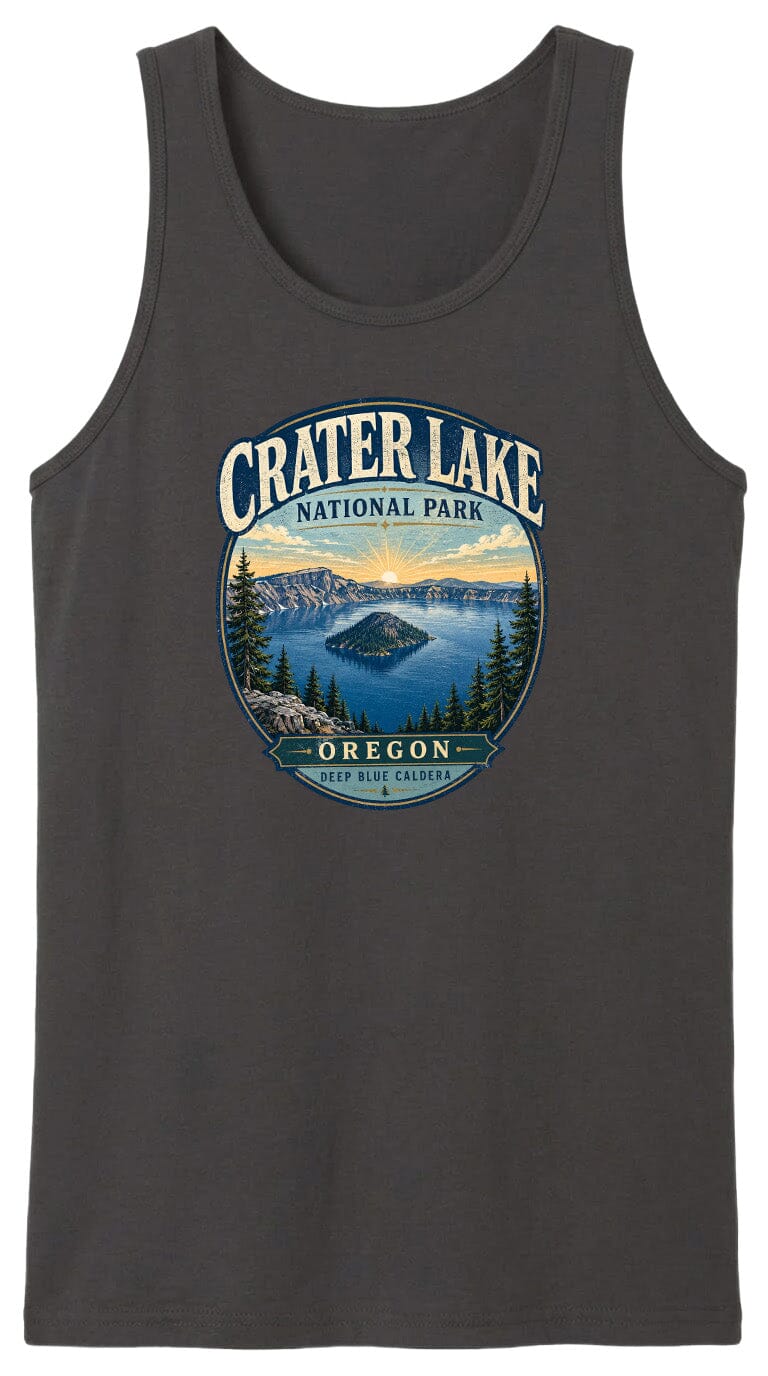 A black tank top with a graphic design depicting Crater Lake National Park in Oregon.