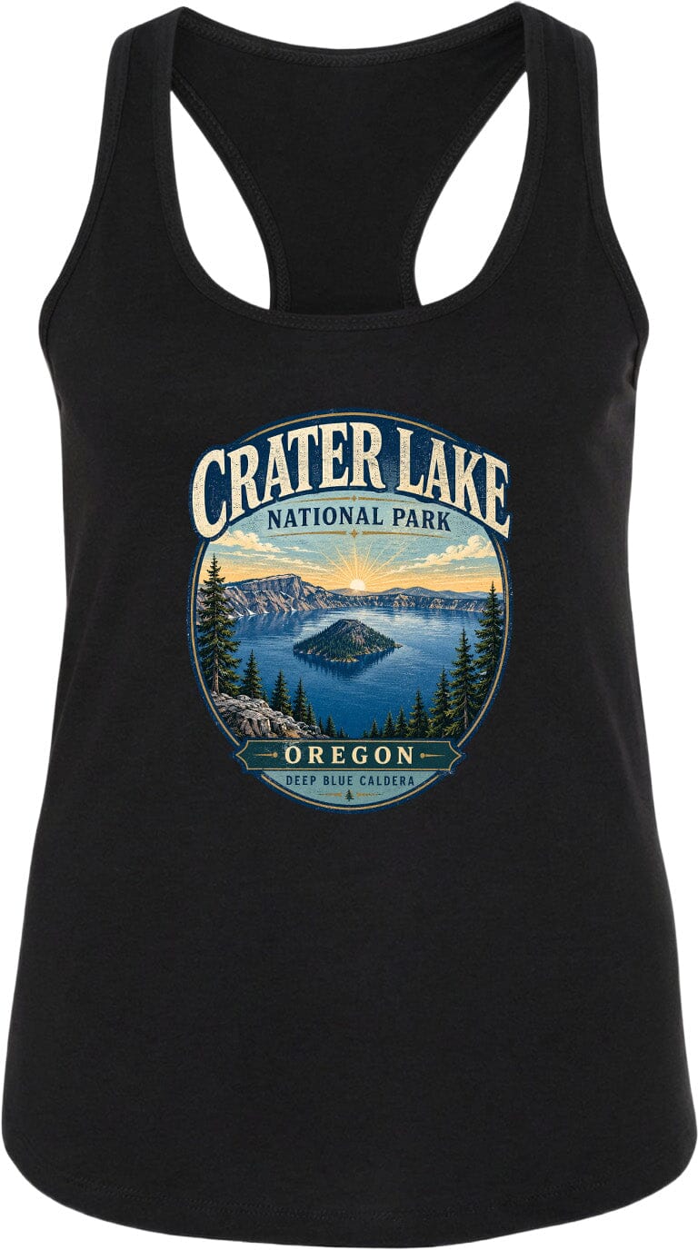 A black tank top with a graphic design depicting Crater Lake National Park in Oregon.