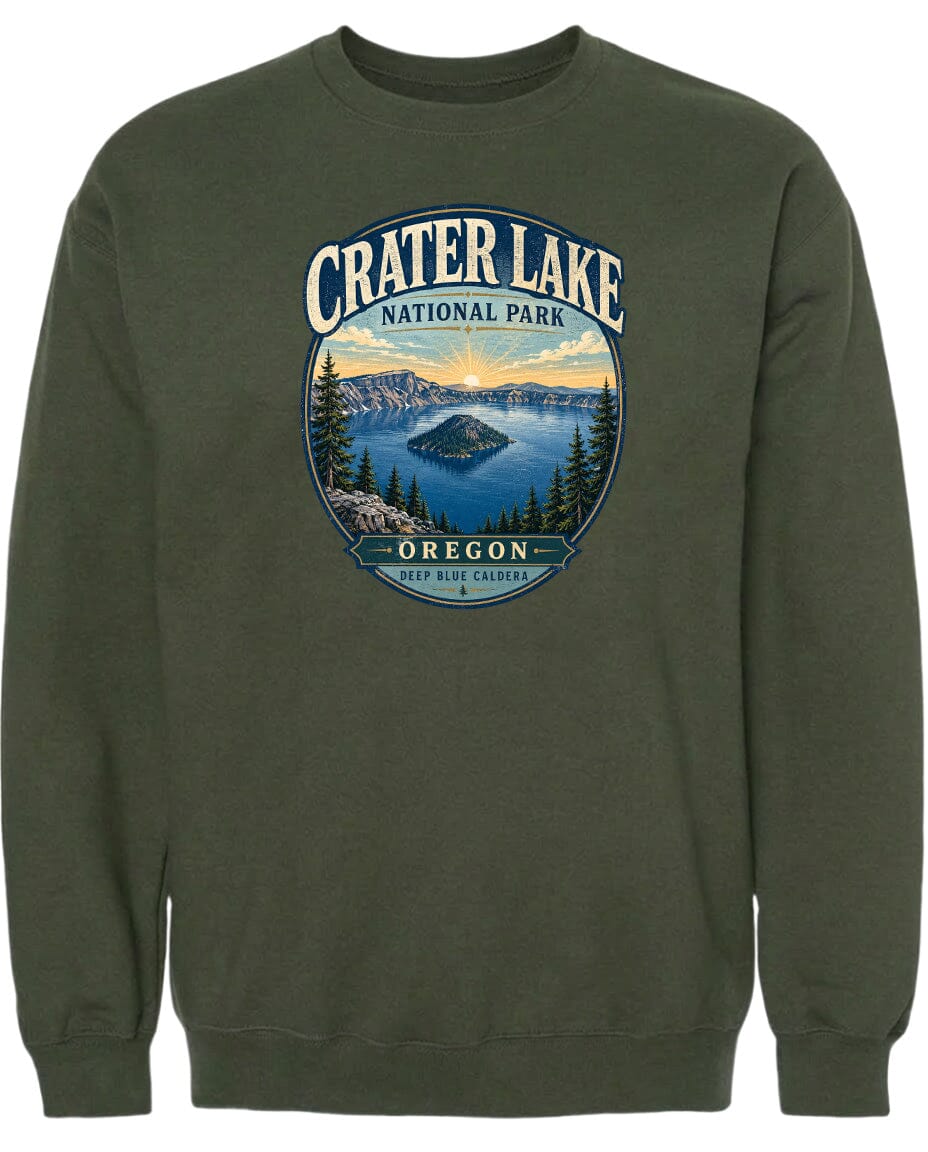 A green sweatshirt with a graphic design depicting Crater Lake National Park in Oregon.