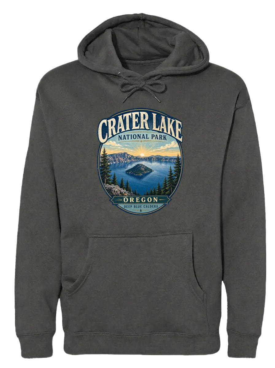 A gray hoodie with a graphic design depicting Crater Lake National Park in Oregon.