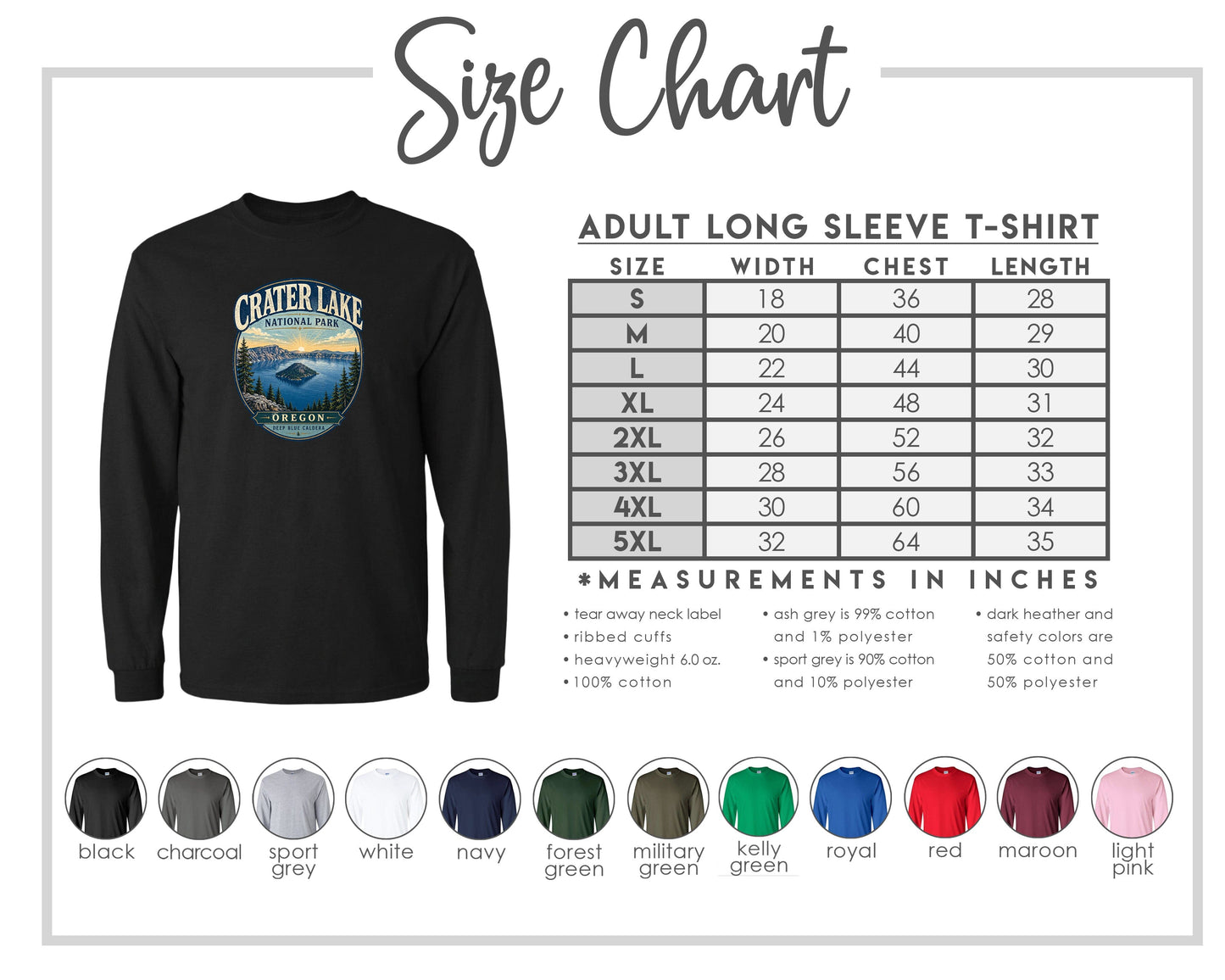 The image is a size chart for an adult long sleeve t-shirt, showing the measurements and corresponding shirt colors.