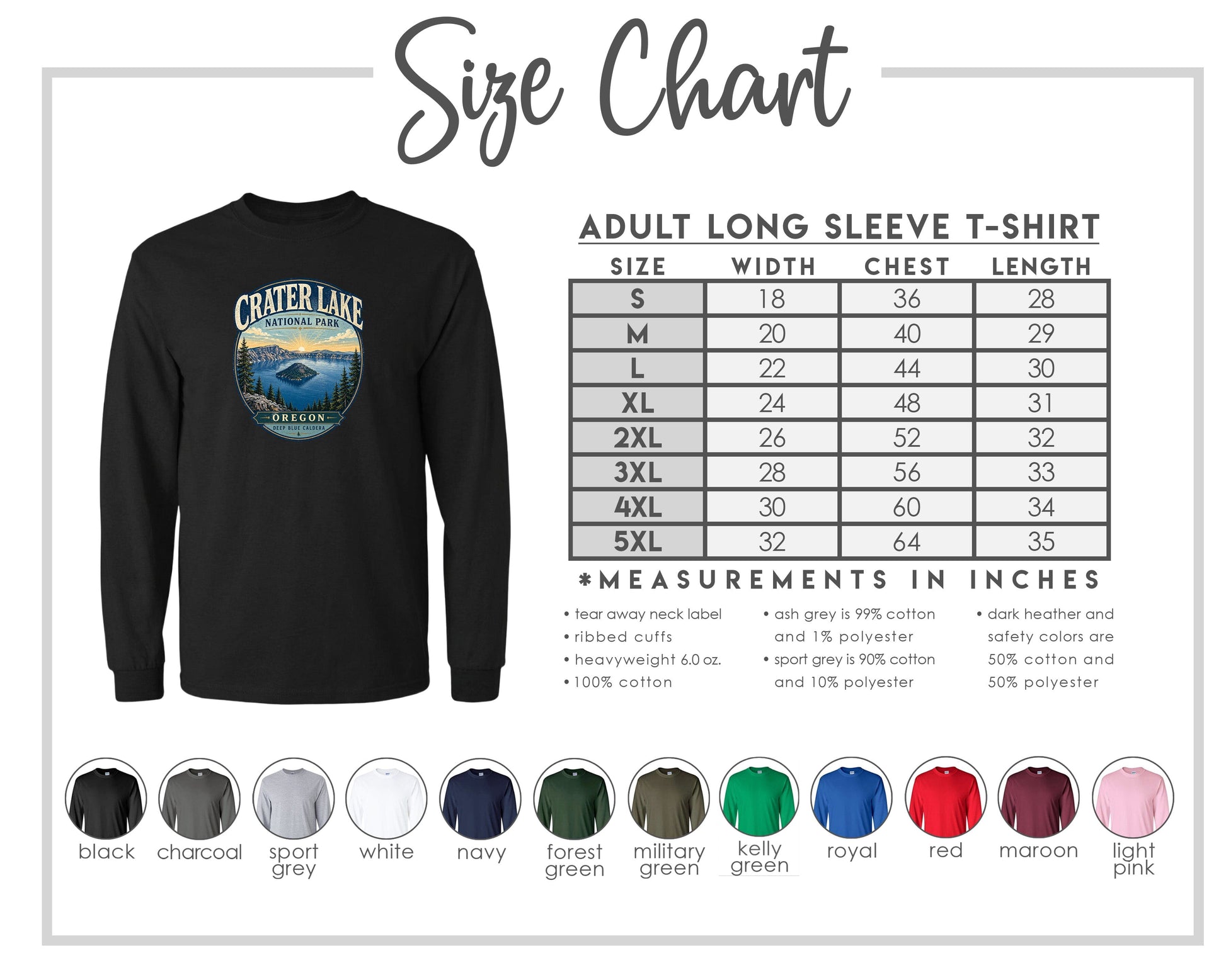 The image is a size chart for an adult long sleeve t-shirt, showing the measurements and corresponding shirt colors.