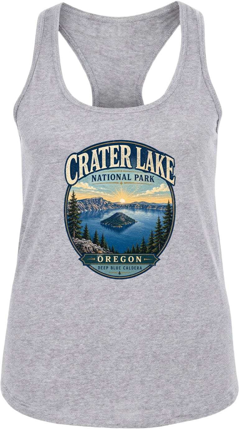 A gray tank top with a graphic design depicting Crater Lake National Park in Oregon.