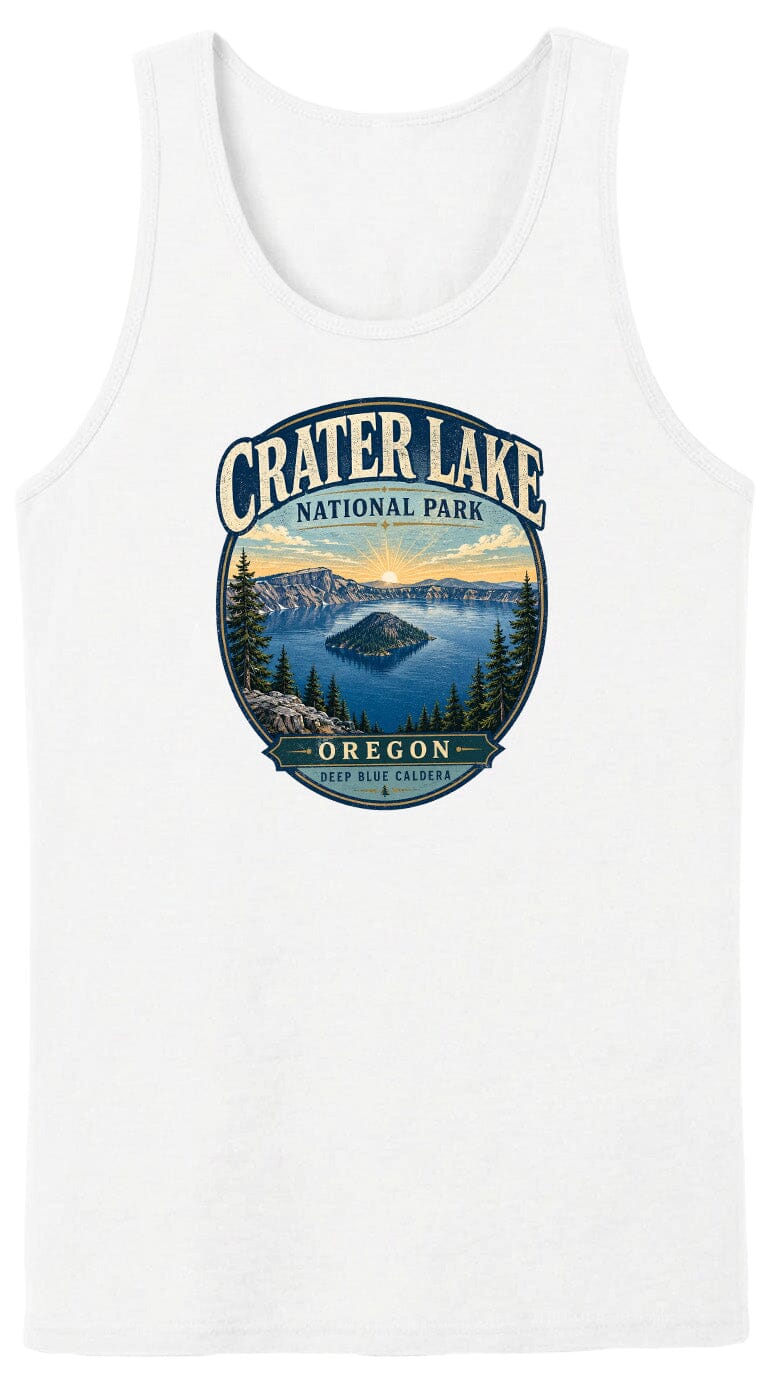 A white tank top with a graphic design depicting Crater Lake National Park in Oregon.