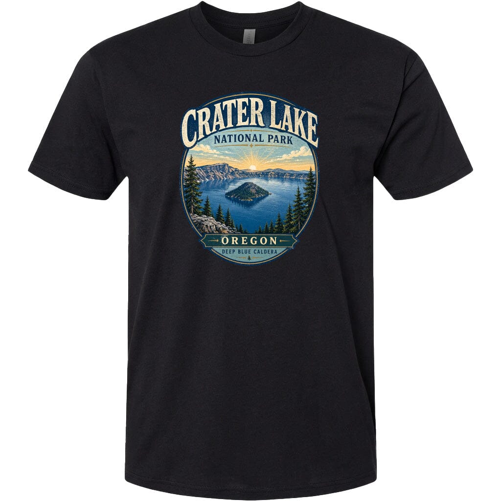A black t-shirt with a graphic design depicting Crater Lake National Park in Oregon.