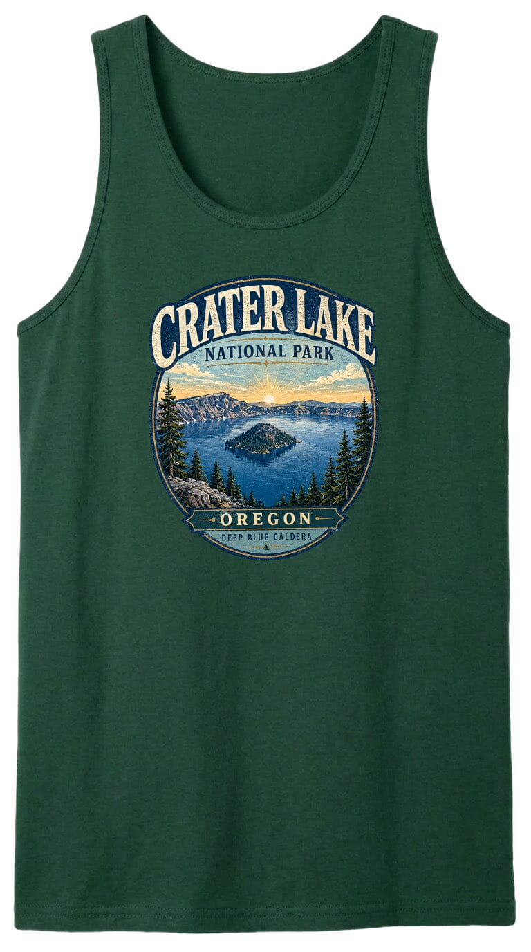 A green tank top with a graphic design depicting Crater Lake National Park in Oregon.