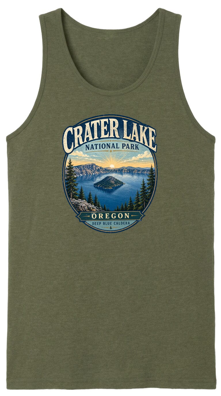 A green tank top with a graphic design depicting Crater Lake National Park in Oregon.