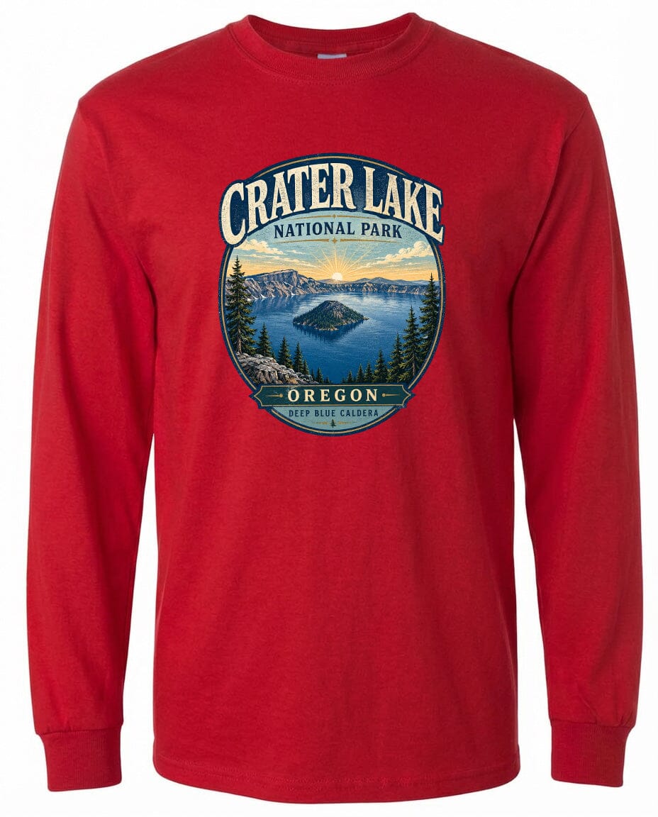 A red long-sleeved t-shirt with a graphic design depicting Crater Lake National Park in Oregon.