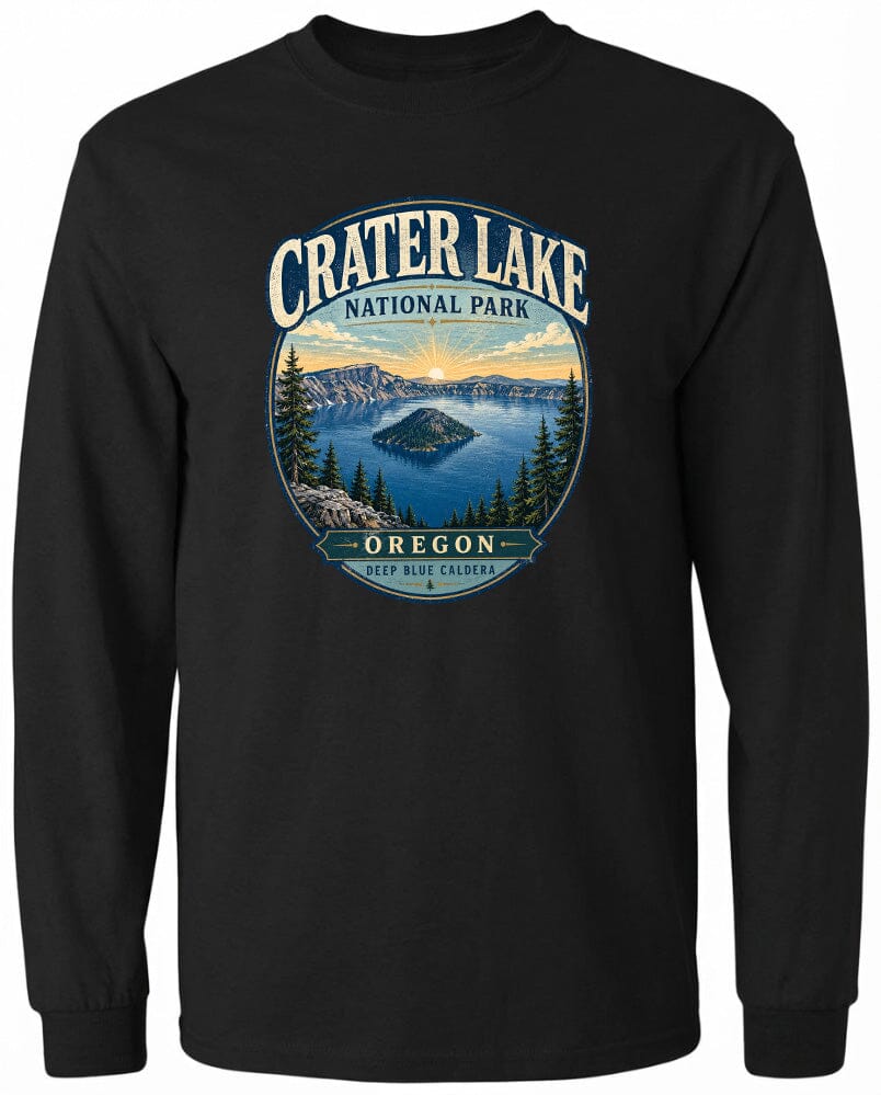 A black long-sleeved t-shirt with a graphic design depicting Crater Lake National Park in Oregon.