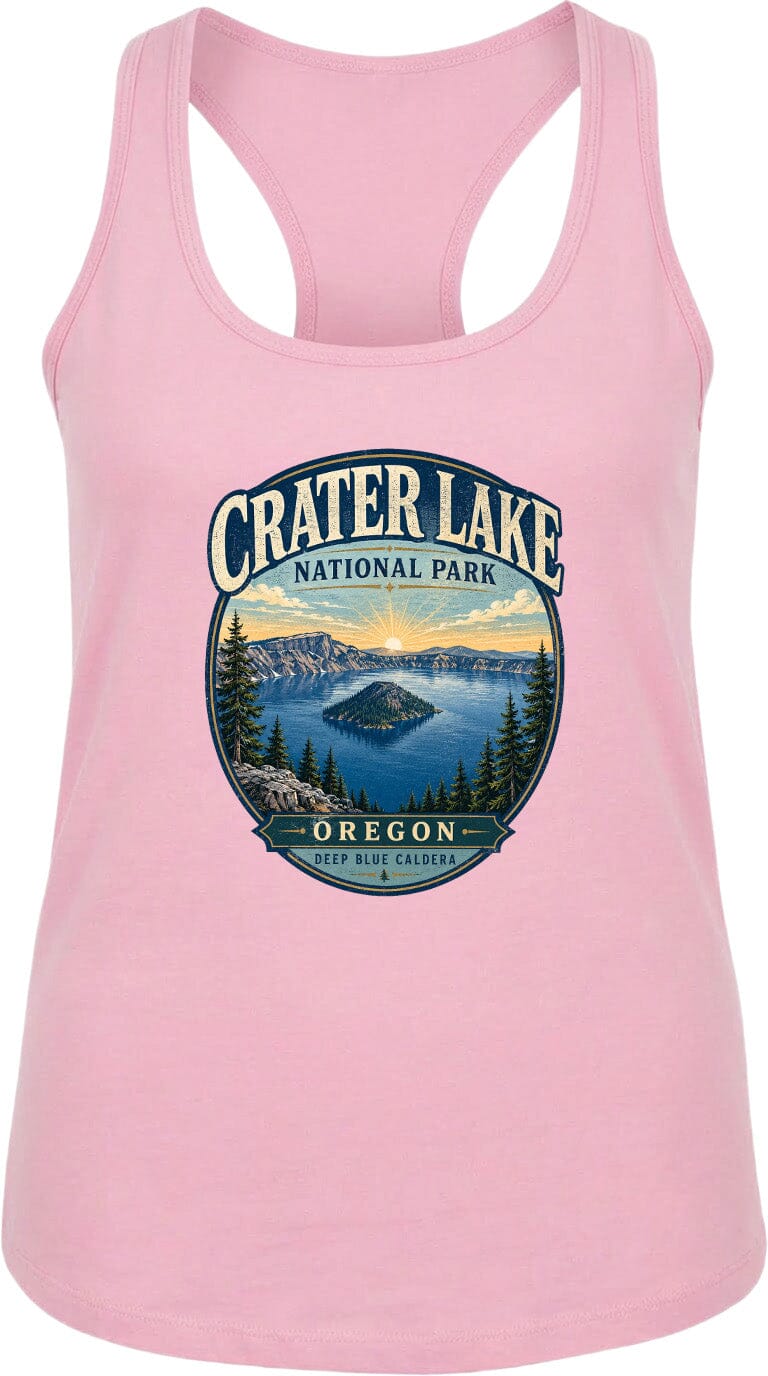 A pink tank top with a graphic design depicting Crater Lake National Park in Oregon.