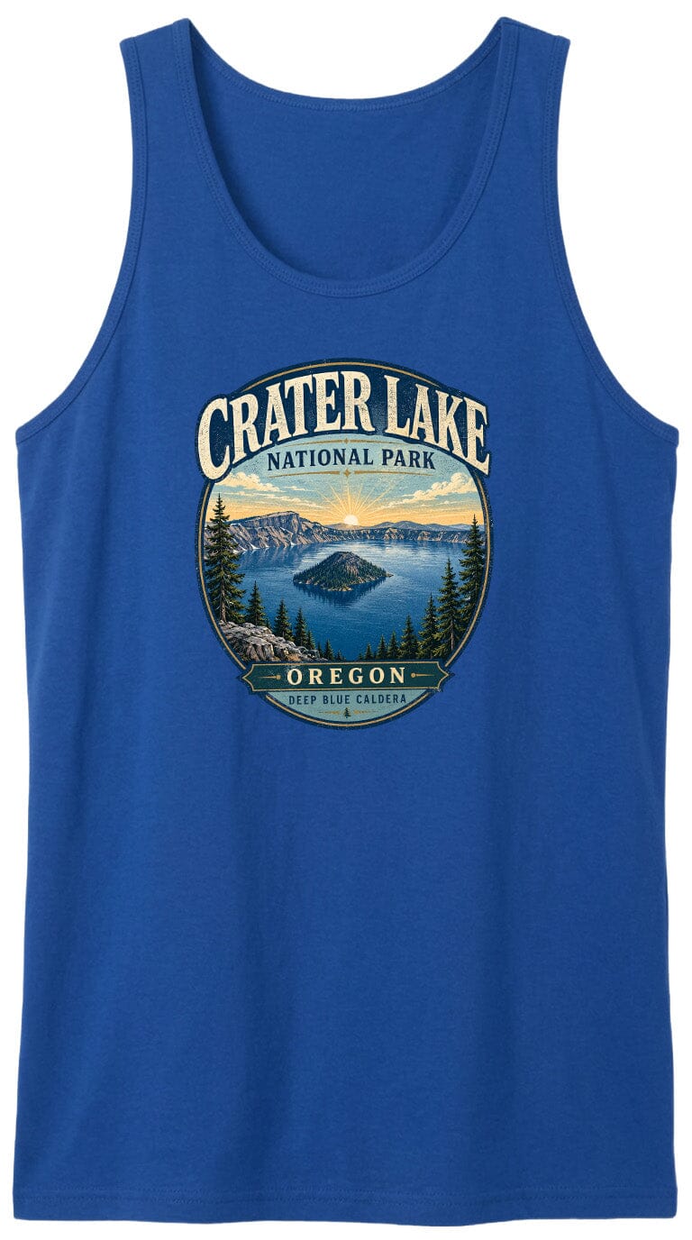 A blue tank top with a graphic design depicting Crater Lake National Park in Oregon.