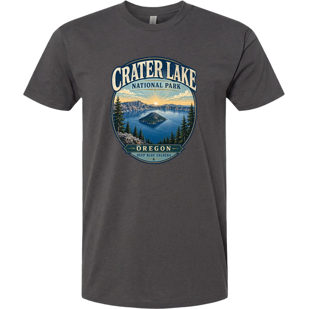 A gray t-shirt with a graphic design depicting Crater Lake National Park in Oregon.