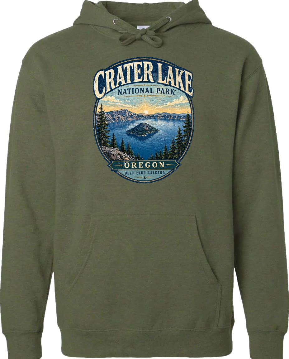 A green hoodie with a graphic design depicting Crater Lake National Park in Oregon.