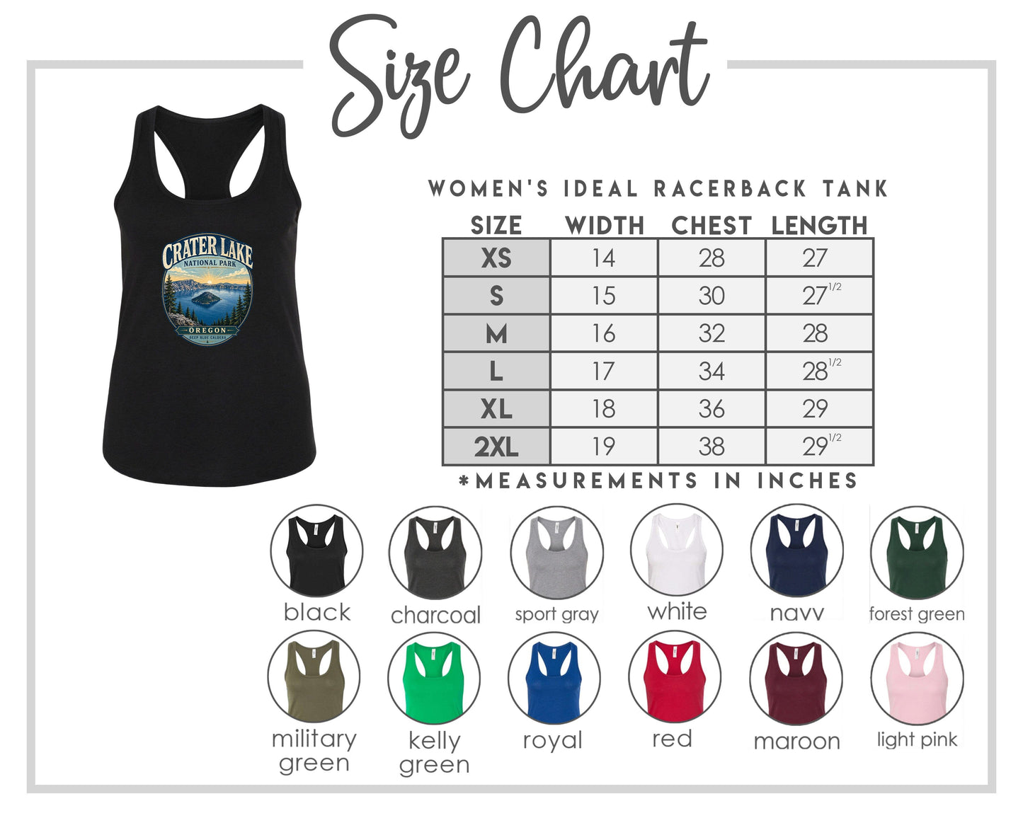 The image is a size chart for a women's ideal racerback tank, including various color options and corresponding chest measurements.