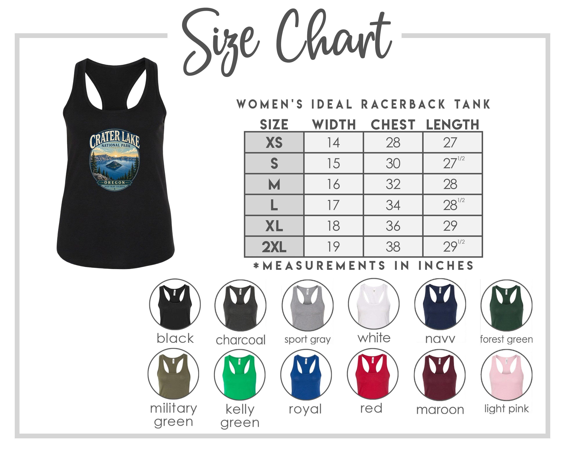 The image is a size chart for a women's ideal racerback tank, including various color options and corresponding chest measurements.