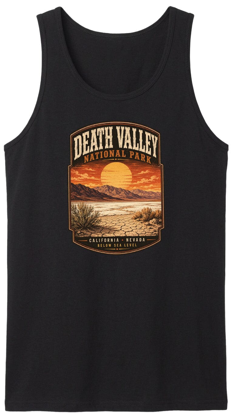 a black tank top with a graphic design depicting Death Valley National Park, including a sunset landscape and desert scenery.