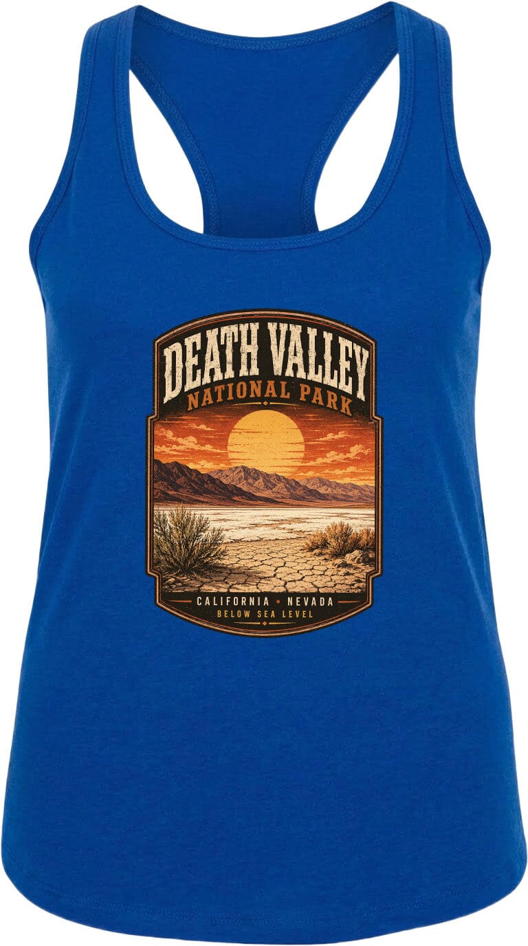A blue tank top with a graphic design depicting Death Valley National Park, including a sunset over the desert landscape.