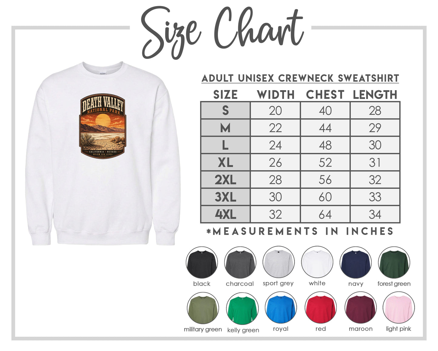 The image is a size chart for an adult unisex crewneck sweatshirt. It includes a white sweatshirt with a graphic design and a table with size and chest length measurements.