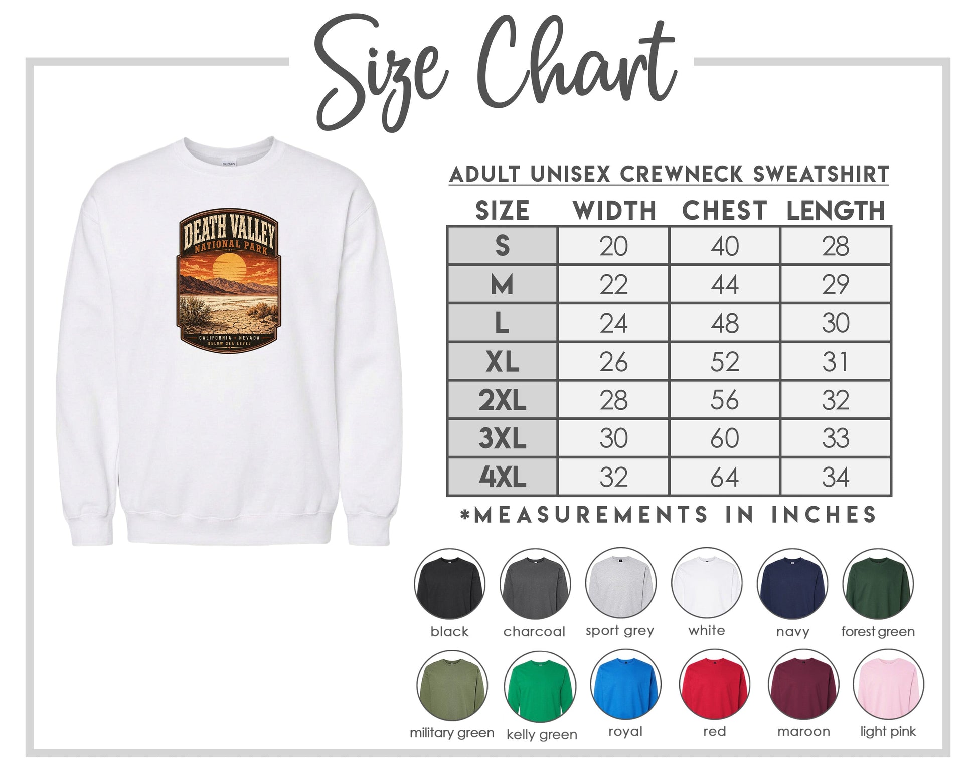 The image is a size chart for an adult unisex crewneck sweatshirt. It includes a white sweatshirt with a graphic design and a table with size and chest length measurements.