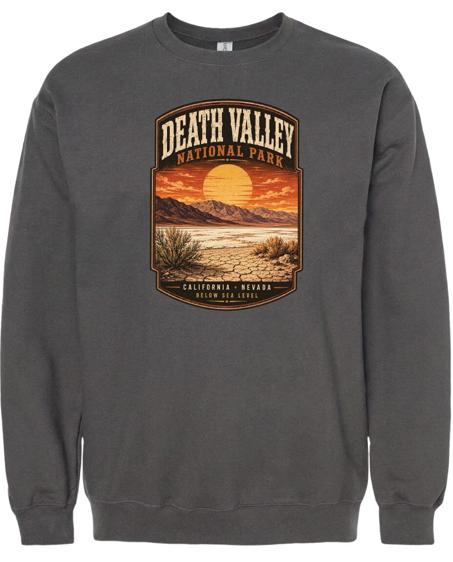 A gray sweatshirt with a graphic design depicting Death Valley National Park in California, Nevada, below sea level.