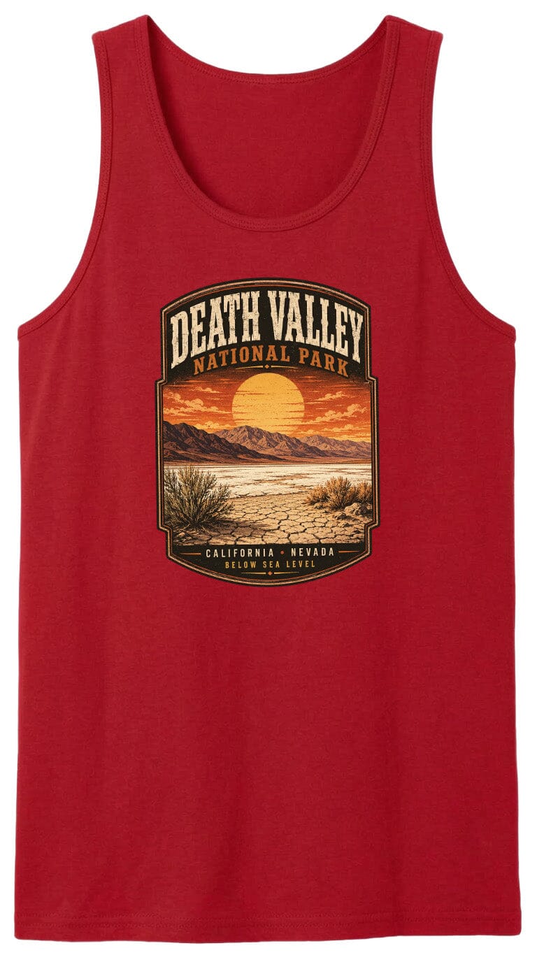 A red tank top with a graphic design depicting Death Valley National Park, including a sunset landscape and mountains.