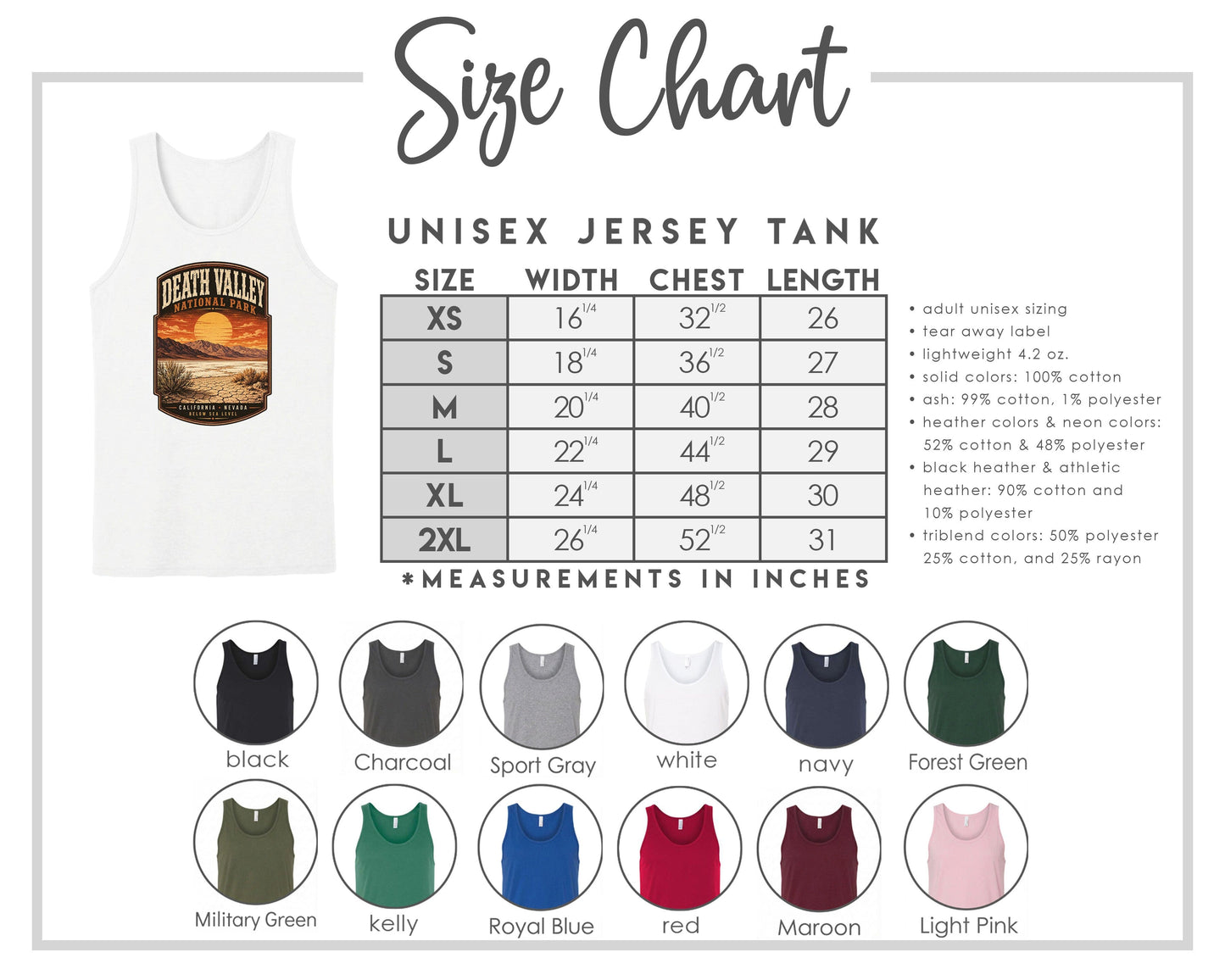The image is a size chart for a unisex jersey tank, providing measurements for chest length, waist, and hip width. It includes a variety of tank colors and styles, such as black, charcoal, sport gray, navy, forest green, and more.