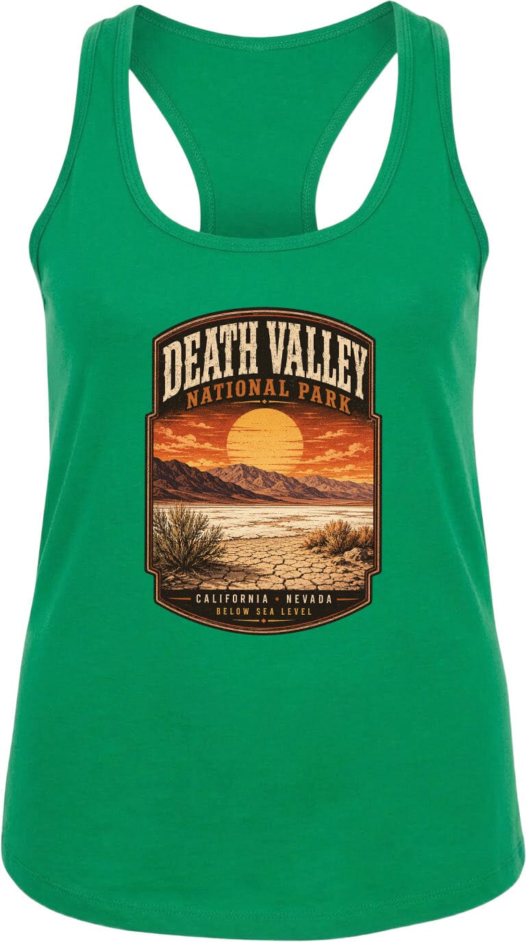 A green tank top with a graphic design depicting Death Valley National Park and the California Sea Level.