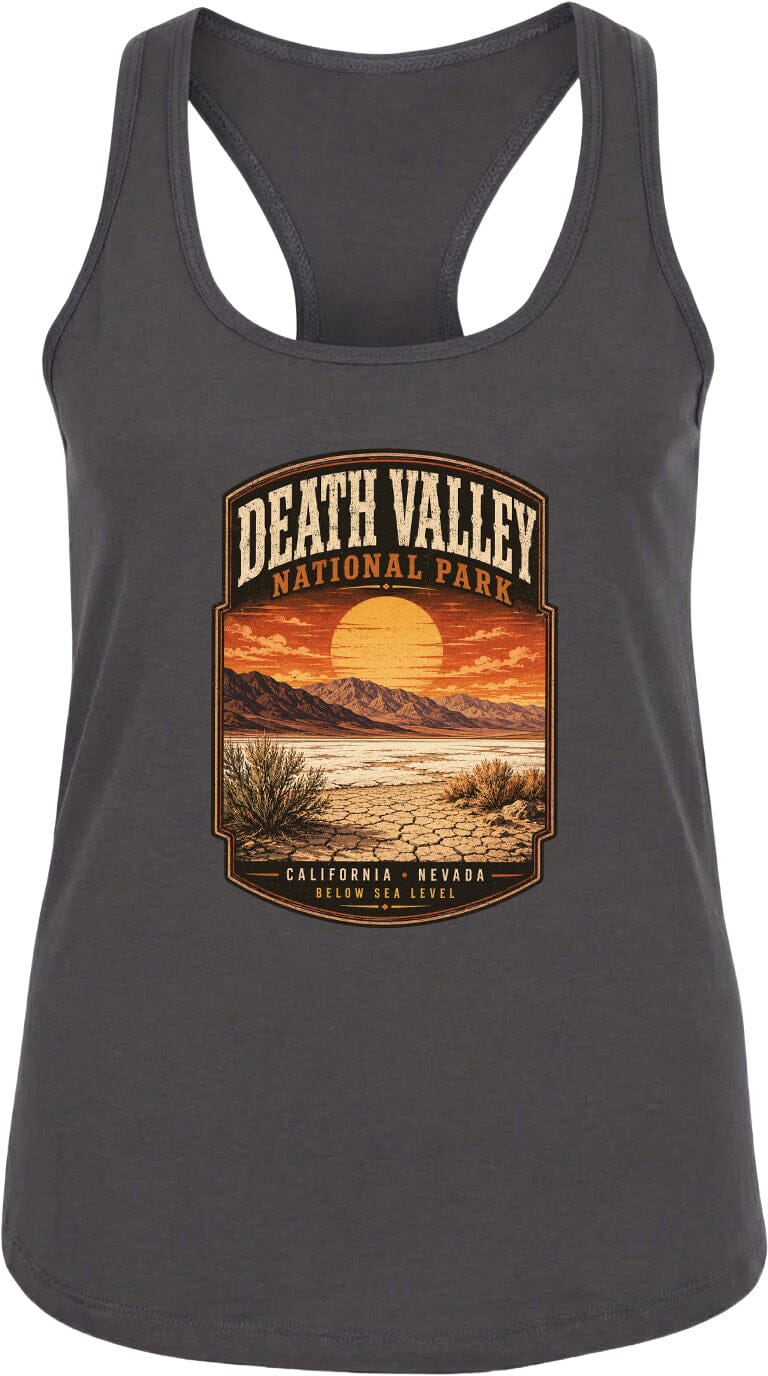 A gray tank top with a graphic design depicting Death Valley National Park in California, Nevada.