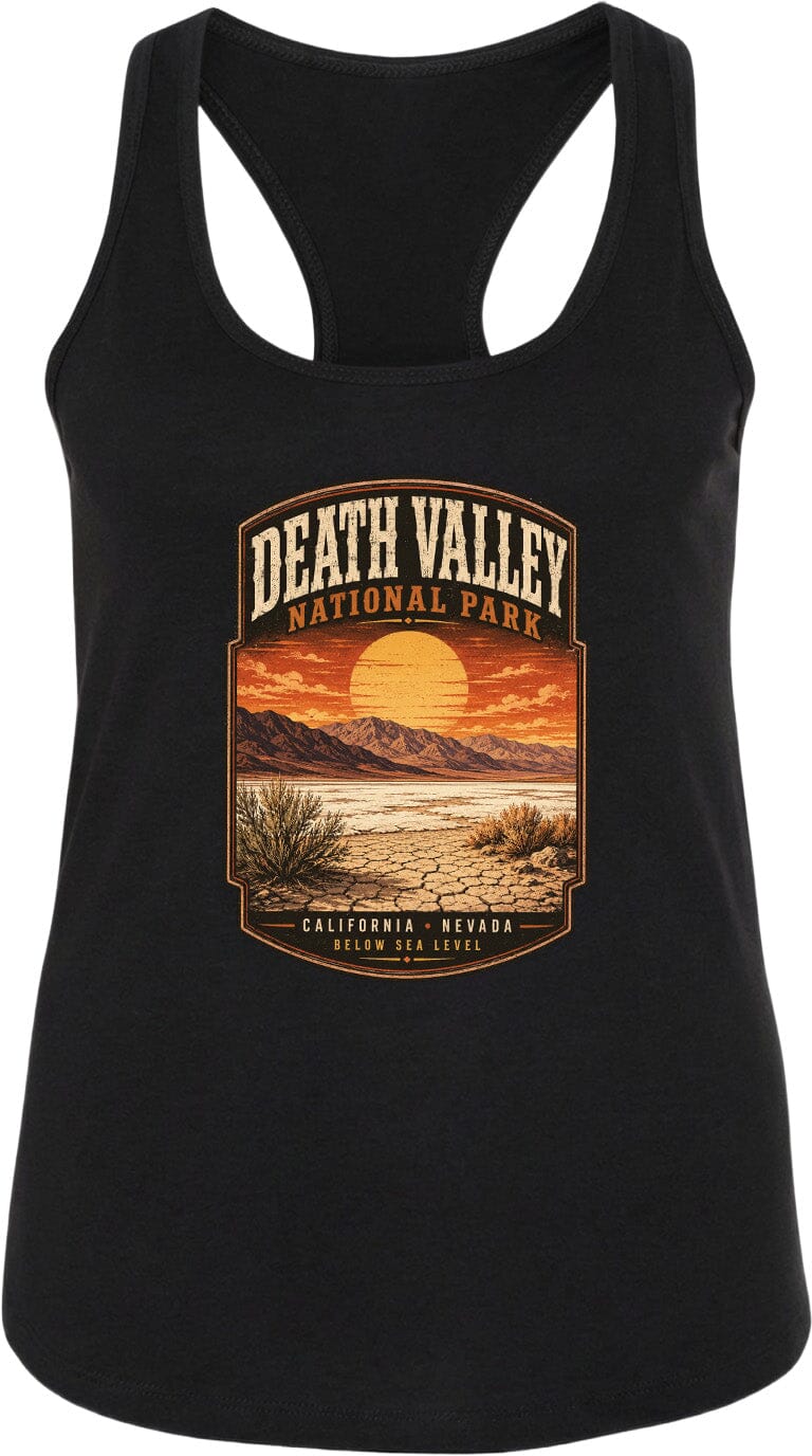 A black tank top with a graphic design depicting Death Valley National Park and the surrounding landscape.