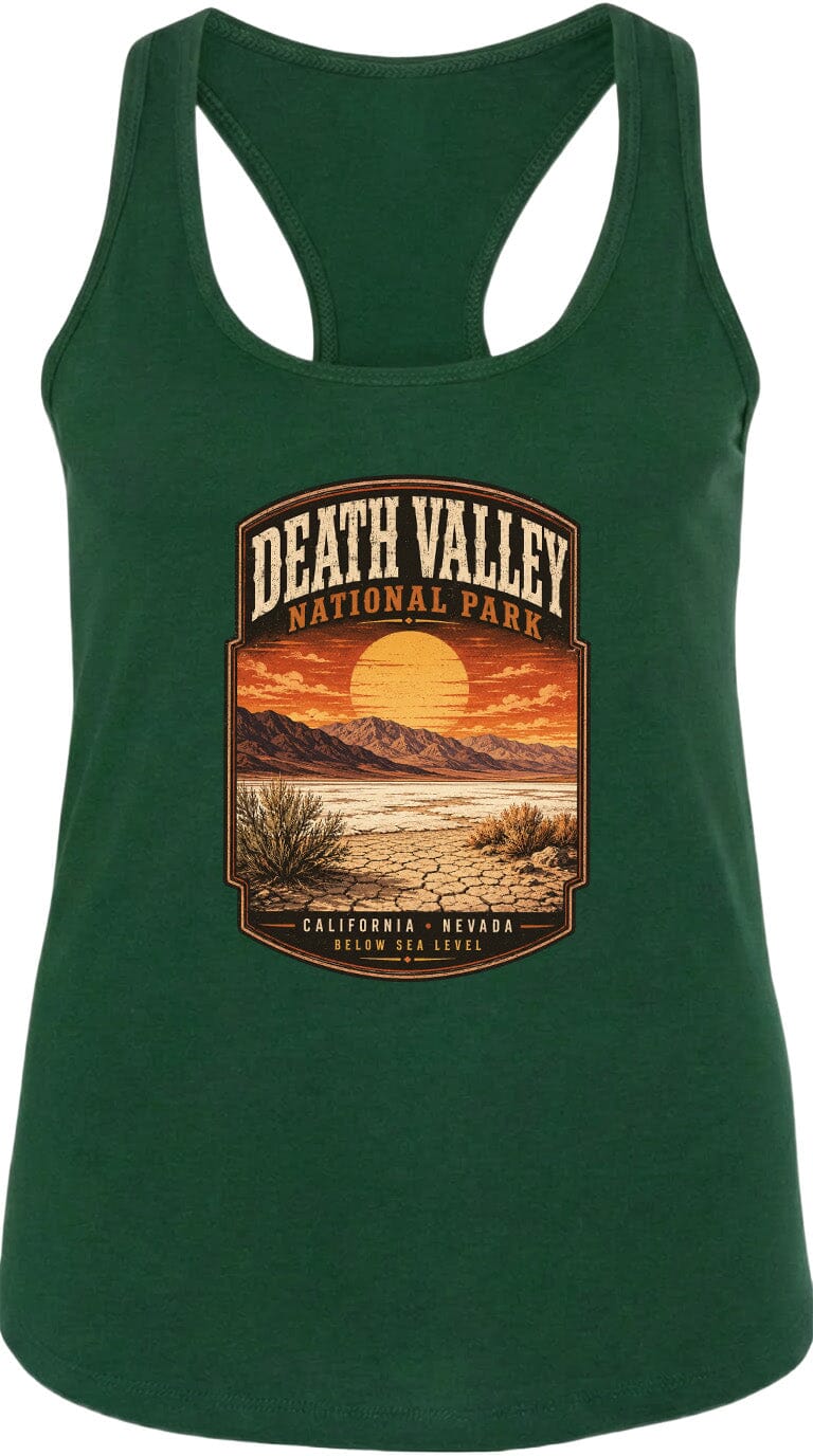 A green tank top with a graphic design depicting Death Valley National Park in California, Nevada.