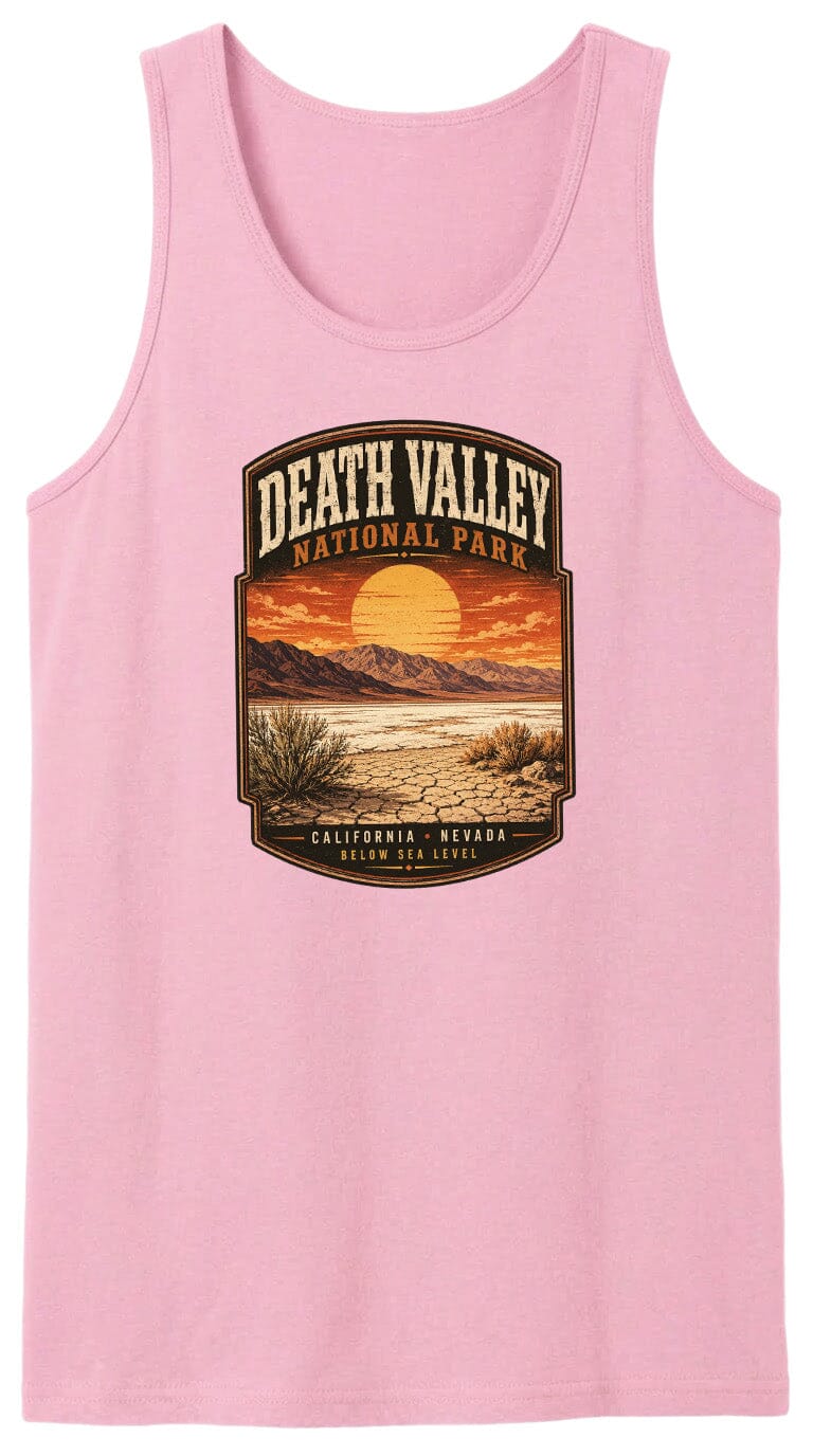 A pink tank top with a graphic design depicting Death Valley National Park, including a sunset landscape and desert terrain.