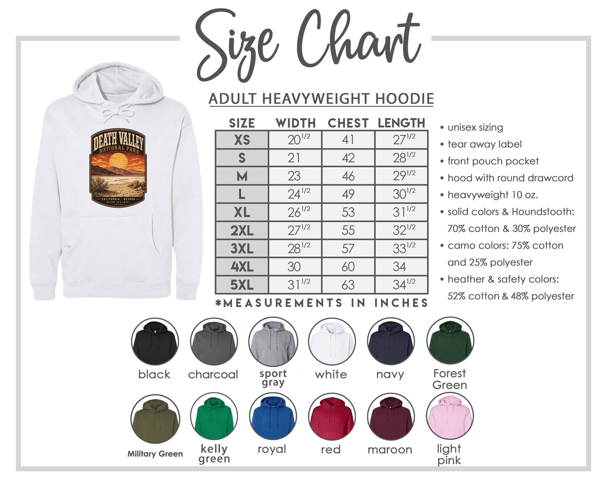 The image is a size chart for an adult heavyweight hoodie, including various color options and measurements in inches.
