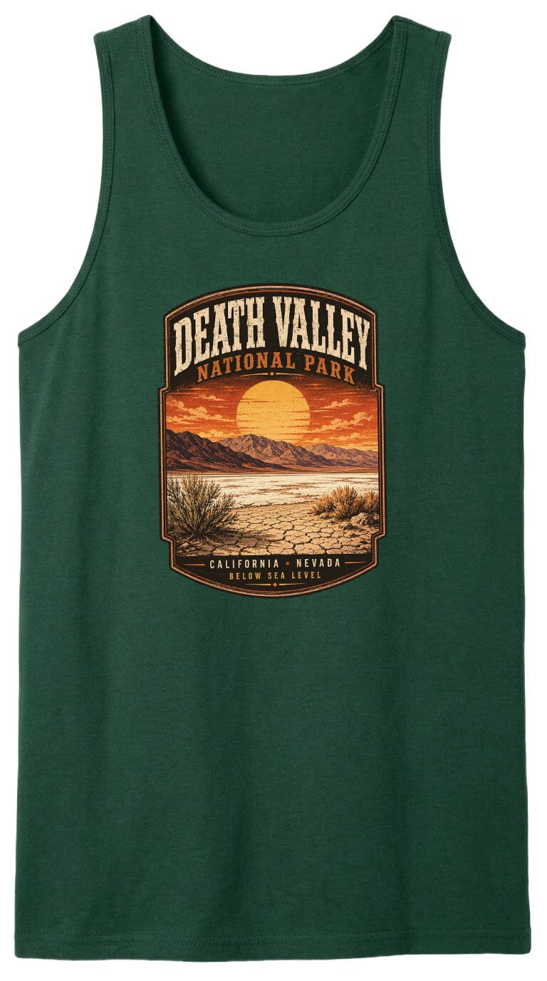 A green tank top with a graphic design depicting Death Valley National Park, including a sunset landscape and desert terrain.