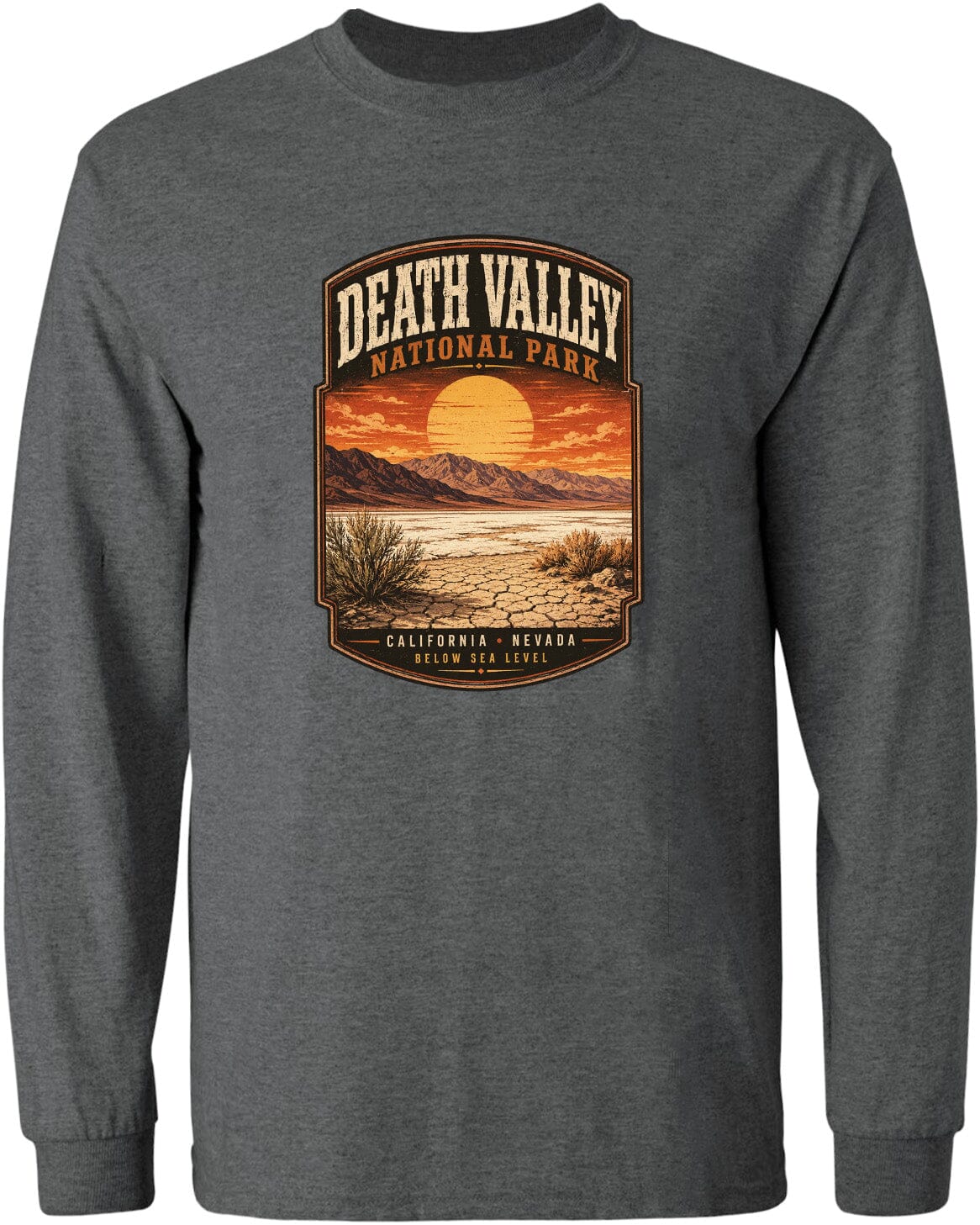 a graphic design of Death Valley National Park, with a desert landscape and a sunset in the background.
