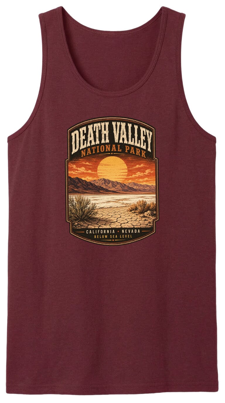A red tank top with a graphic design depicting Death Valley National Park, including a sunset landscape and desert terrain.