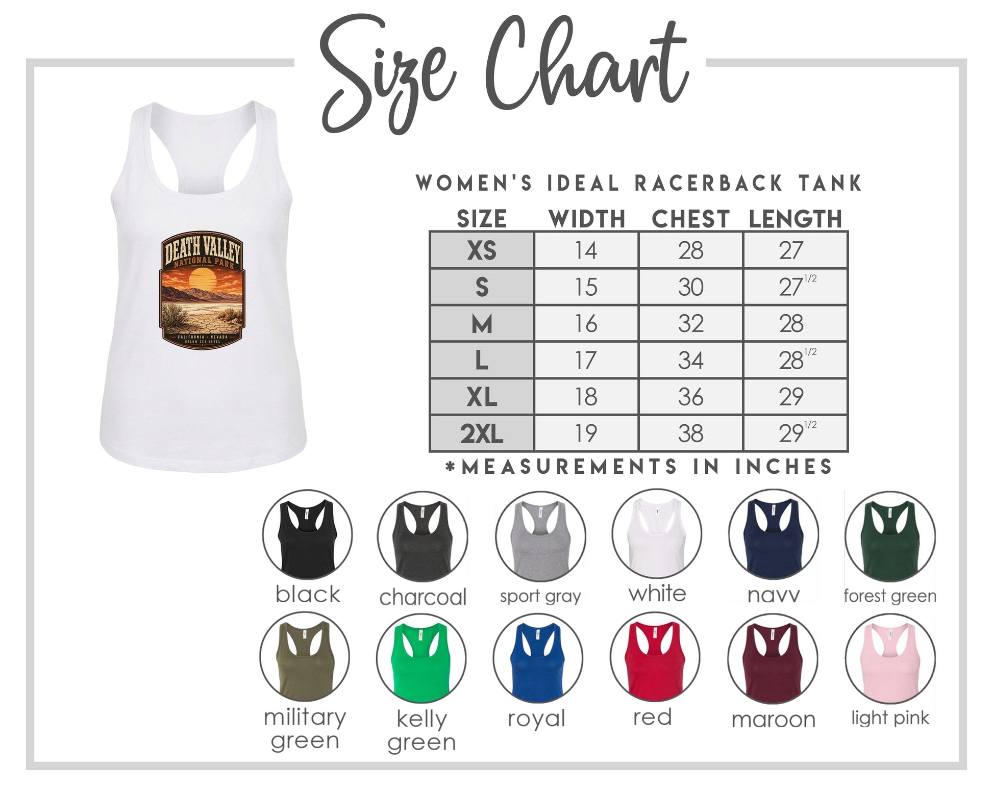 The image is a size chart for a women's ideal racerback tank, including a white tank with a graphic design and a table with size and color options.