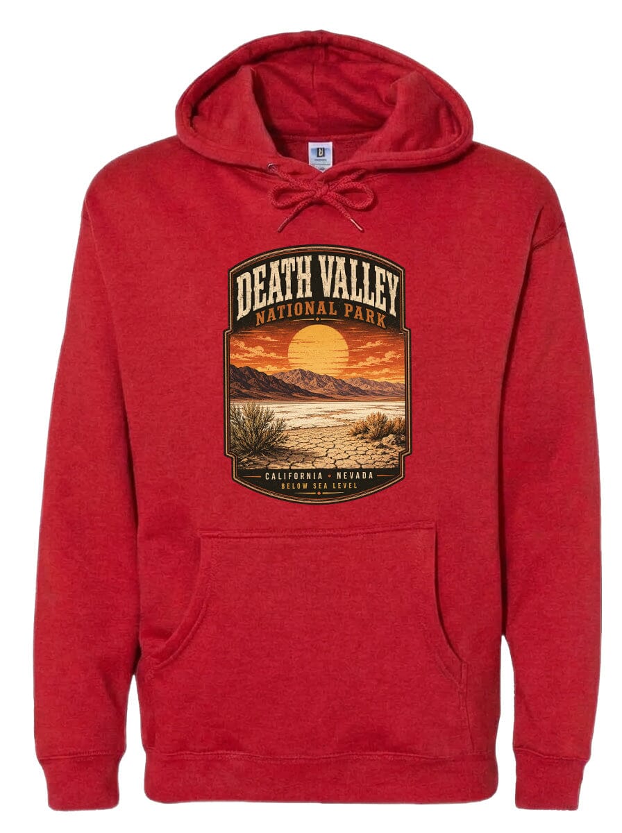 A red hoodie with a graphic design depicting Death Valley National Park and the surrounding landscape.