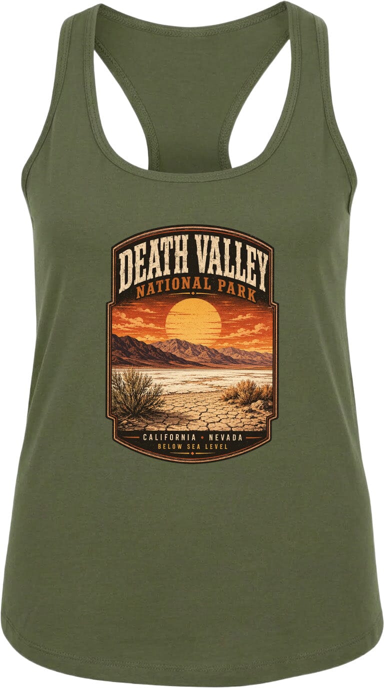 A green tank top with a graphic design depicting Death Valley National Park and the surrounding landscape.