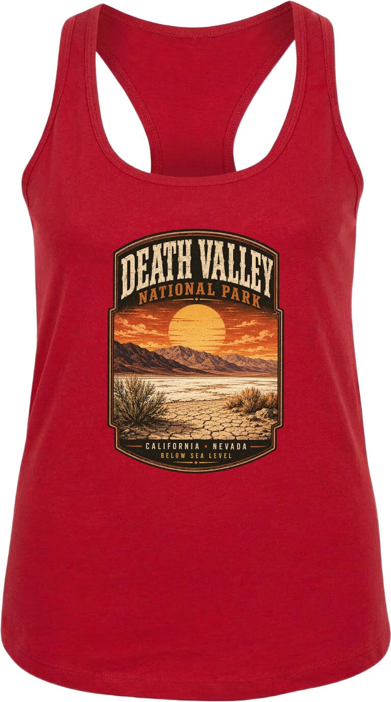 A red tank top with a graphic design depicting Death Valley National Park and the California Sea Level.